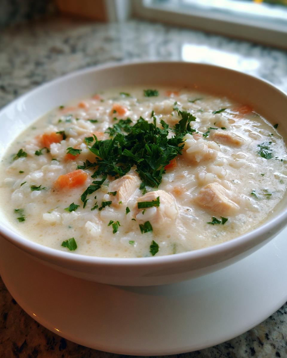 Close-up of a bowl of creamy chicken and rice soup with carrots, garnished with fresh parsley.