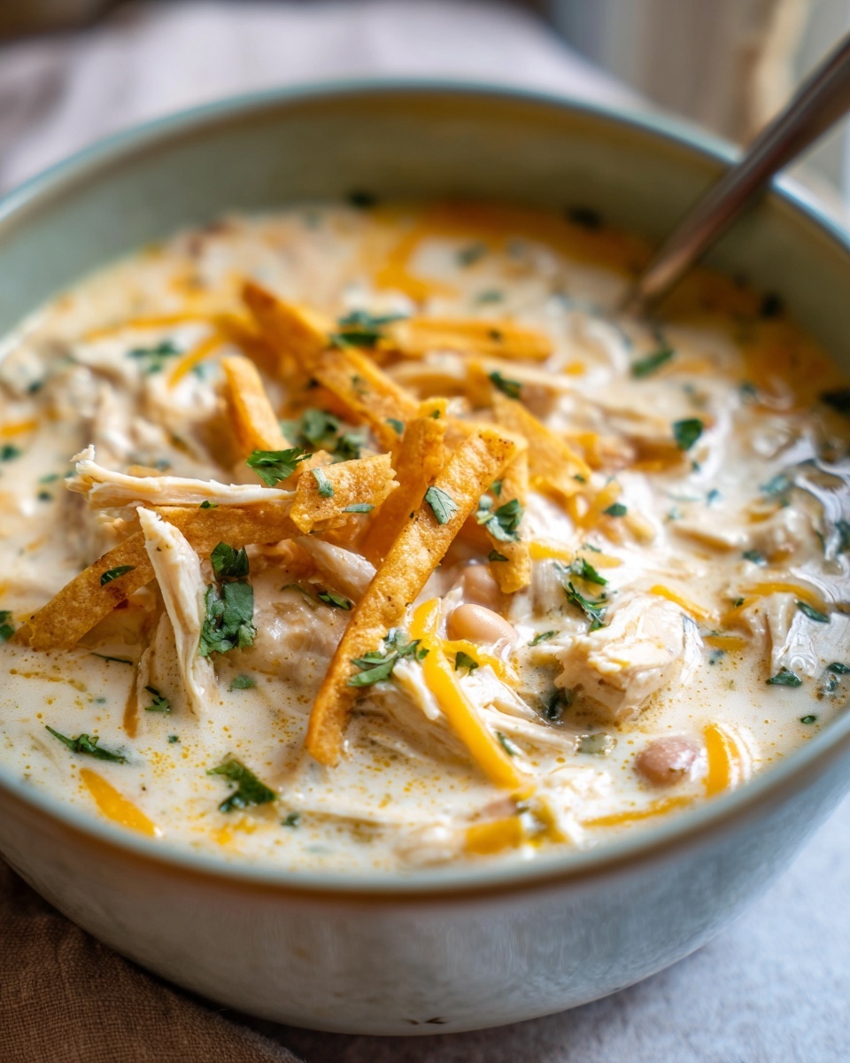 A close-up view of a bowl of creamy chicken tortilla soup topped with shredded chicken, cheese, and tortilla strips.