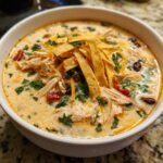 A close-up of a bowl of creamy chicken tortilla soup topped with shredded chicken, cheese, cilantro, and tortilla strips.
