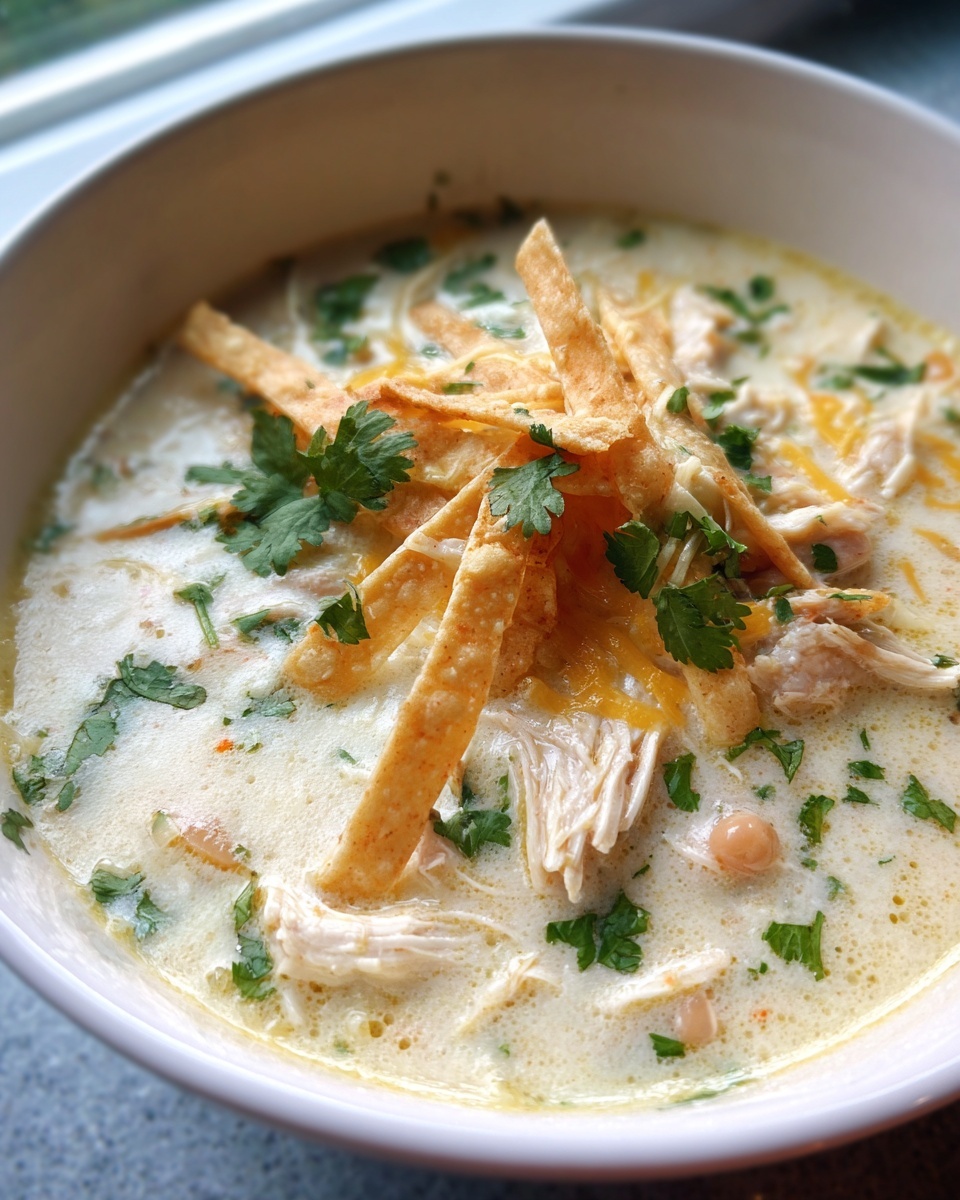 A close-up bowl of creamy chicken tortilla soup topped with shredded chicken, crispy tortilla strips, cheese, and cilantro.