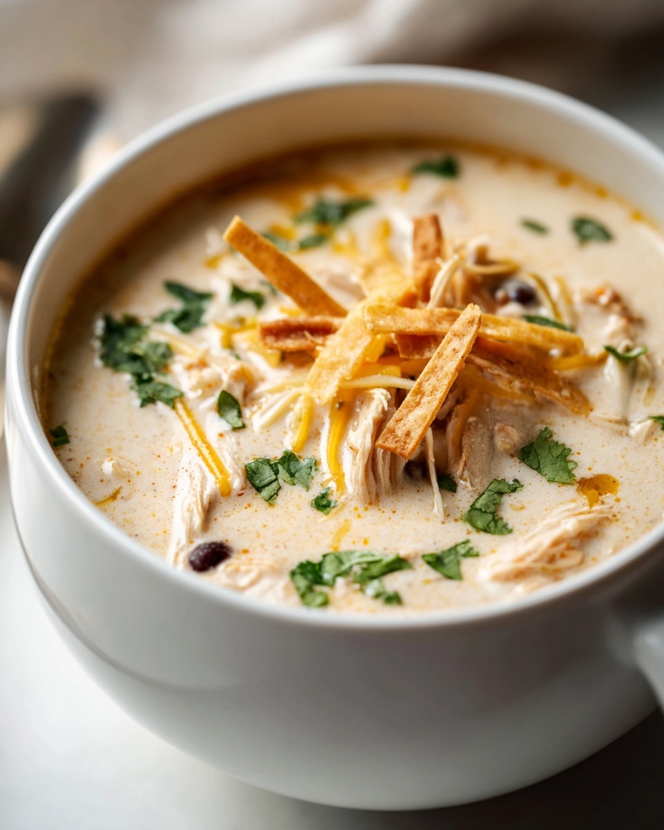 Close-up of a white bowl filled with creamy chicken tortilla soup, garnished with shredded chicken, cilantro, and crispy tortilla strips.