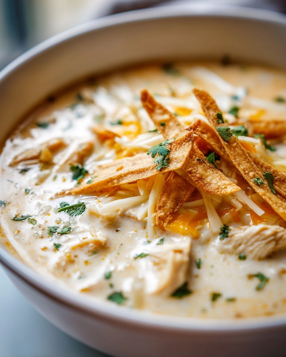 A close-up view of a bowl of creamy chicken tortilla soup topped with shredded cheese, crispy tortilla strips, and cilantro.