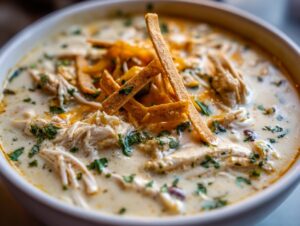 A close-up, appetizing shot of creamy chicken tortilla soup topped with shredded chicken, cheese, and crispy tortilla strips.