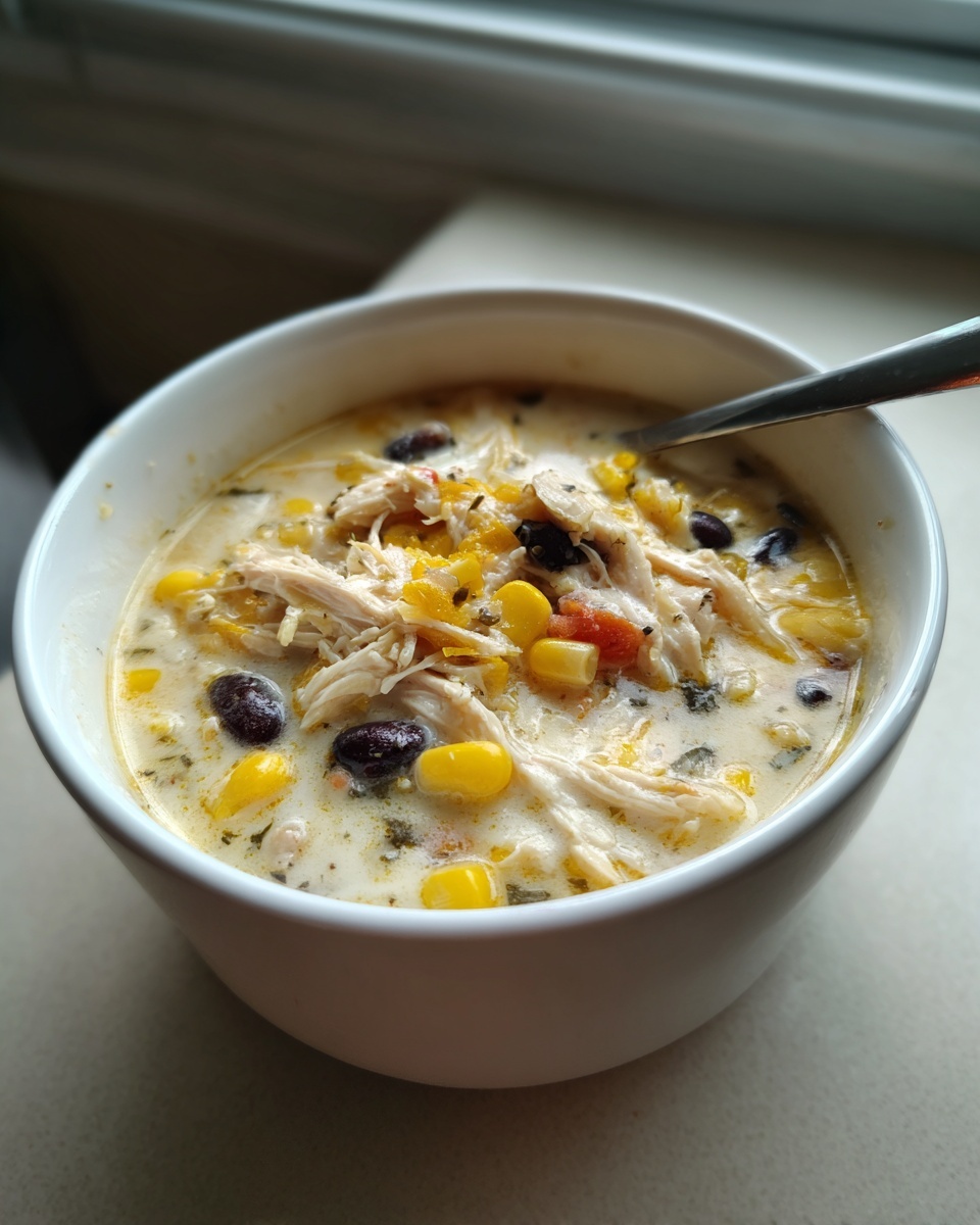Close-up of a white bowl filled with creamy chicken tortilla soup crock pot recipe, showing shredded chicken, corn, and black beans.