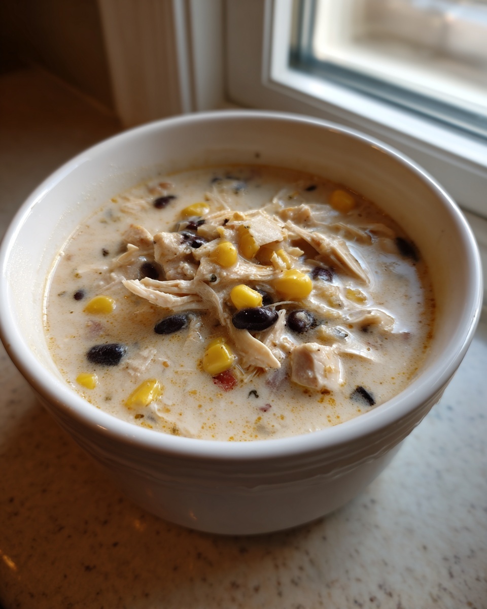 Close-up of a white bowl filled with creamy chicken tortilla soup crock pot, featuring shredded chicken, black beans, and corn.
