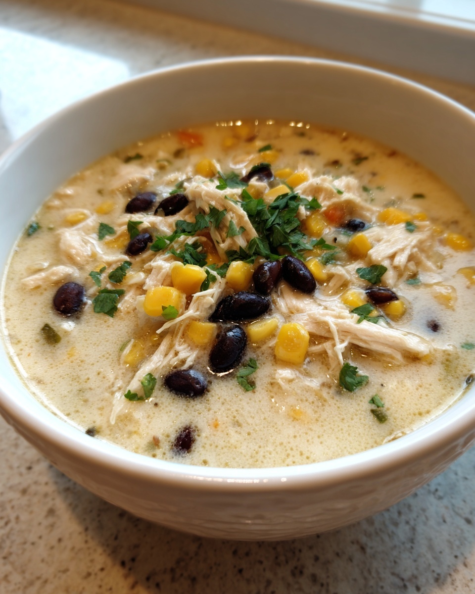 Close-up of a bowl of creamy chicken tortilla soup crock pot topped with shredded chicken, black beans, corn, and cilantro.