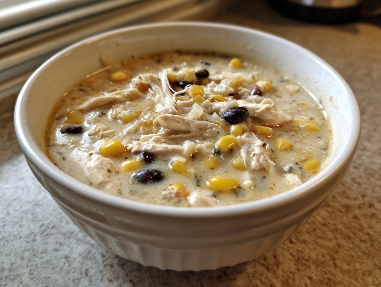 Close-up of a white bowl filled with creamy chicken tortilla soup crock pot, featuring shredded chicken, corn, and black beans.
