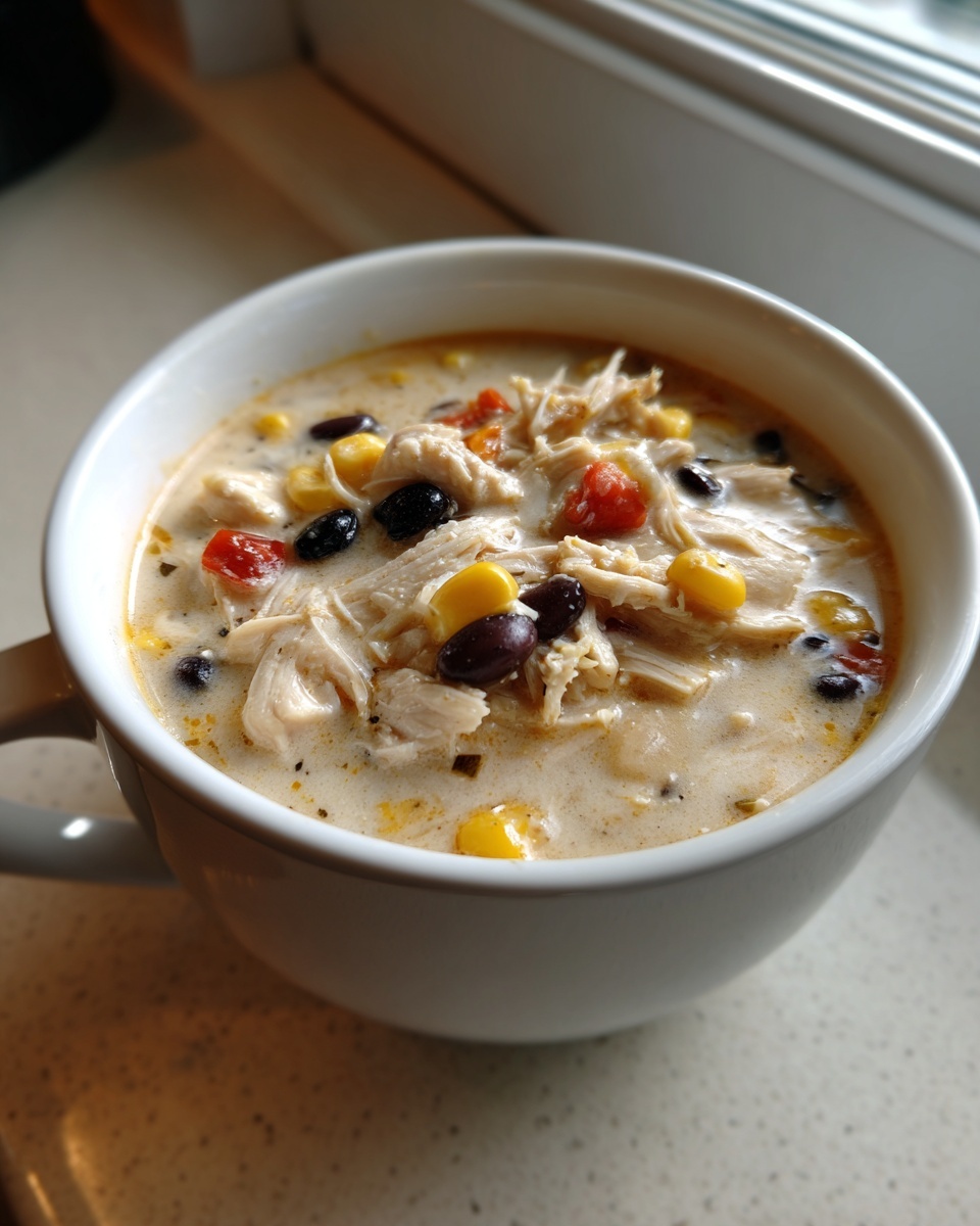 A white mug filled with creamy chicken tortilla soup crock pot, showing shredded chicken, black beans, and corn.