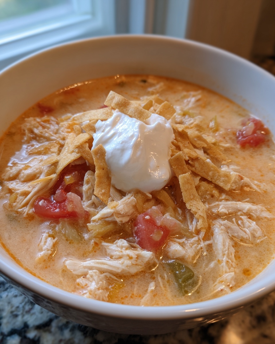 Close-up of a bowl of creamy chicken tortilla soup instant pot topped with sour cream and tortilla strips.
