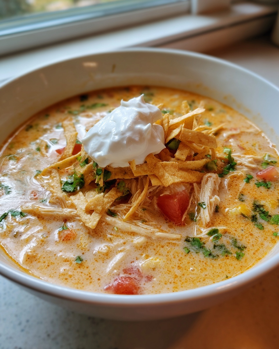Close-up of creamy chicken tortilla soup instant pot topped with sour cream, tortilla strips, and cilantro.