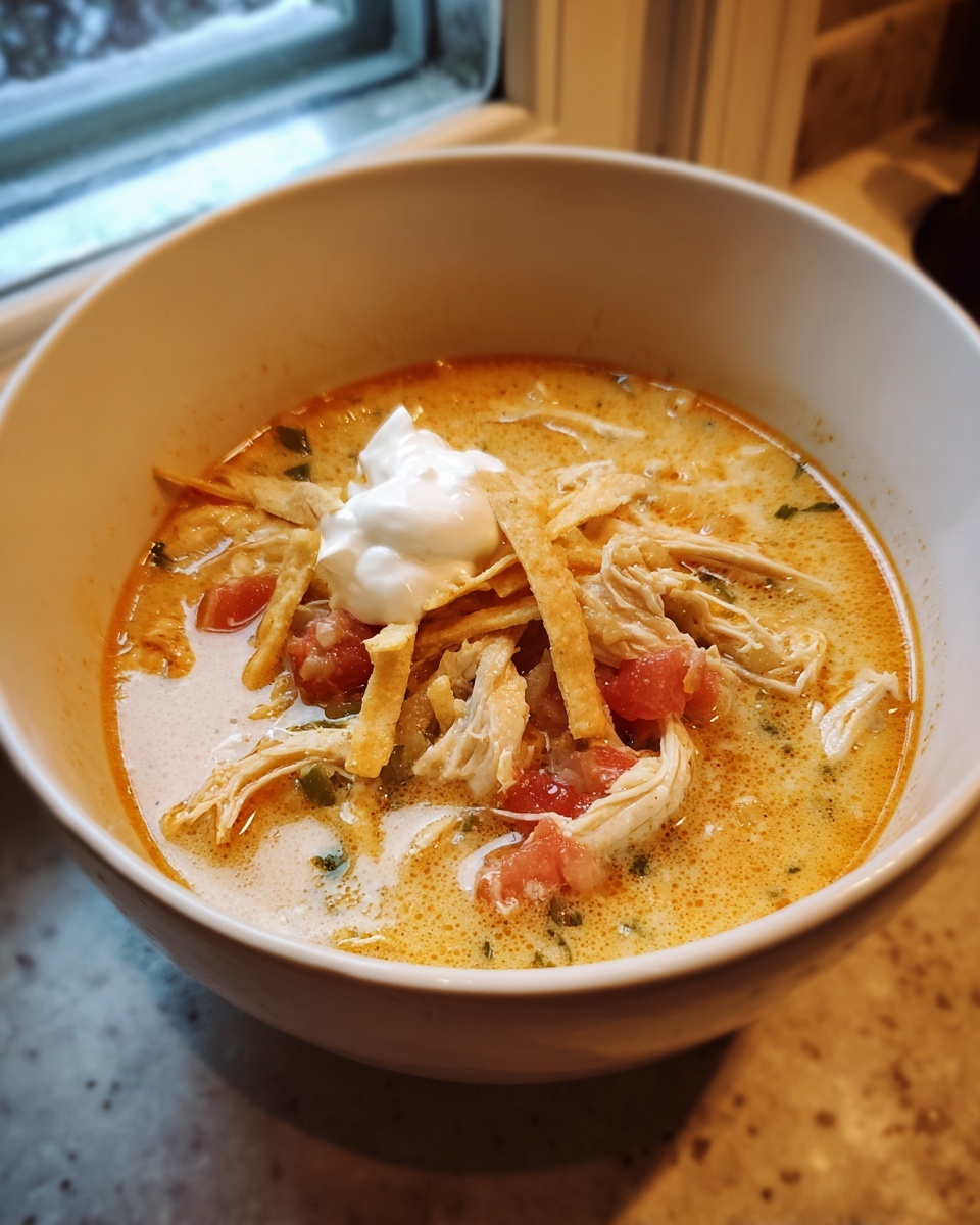 A close-up of a bowl of creamy chicken tortilla soup instant pot topped with shredded chicken, tomatoes, tortilla strips, and sour cream.