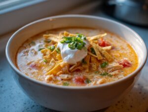 A close-up of a bowl of creamy chicken tortilla soup instant pot recipe, topped with sour cream, tortilla strips, and green onions.