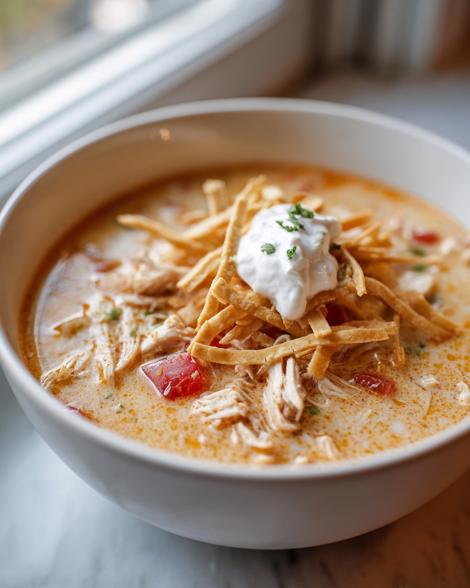 Close-up of creamy chicken tortilla soup instant pot topped with sour cream and crispy tortilla strips.