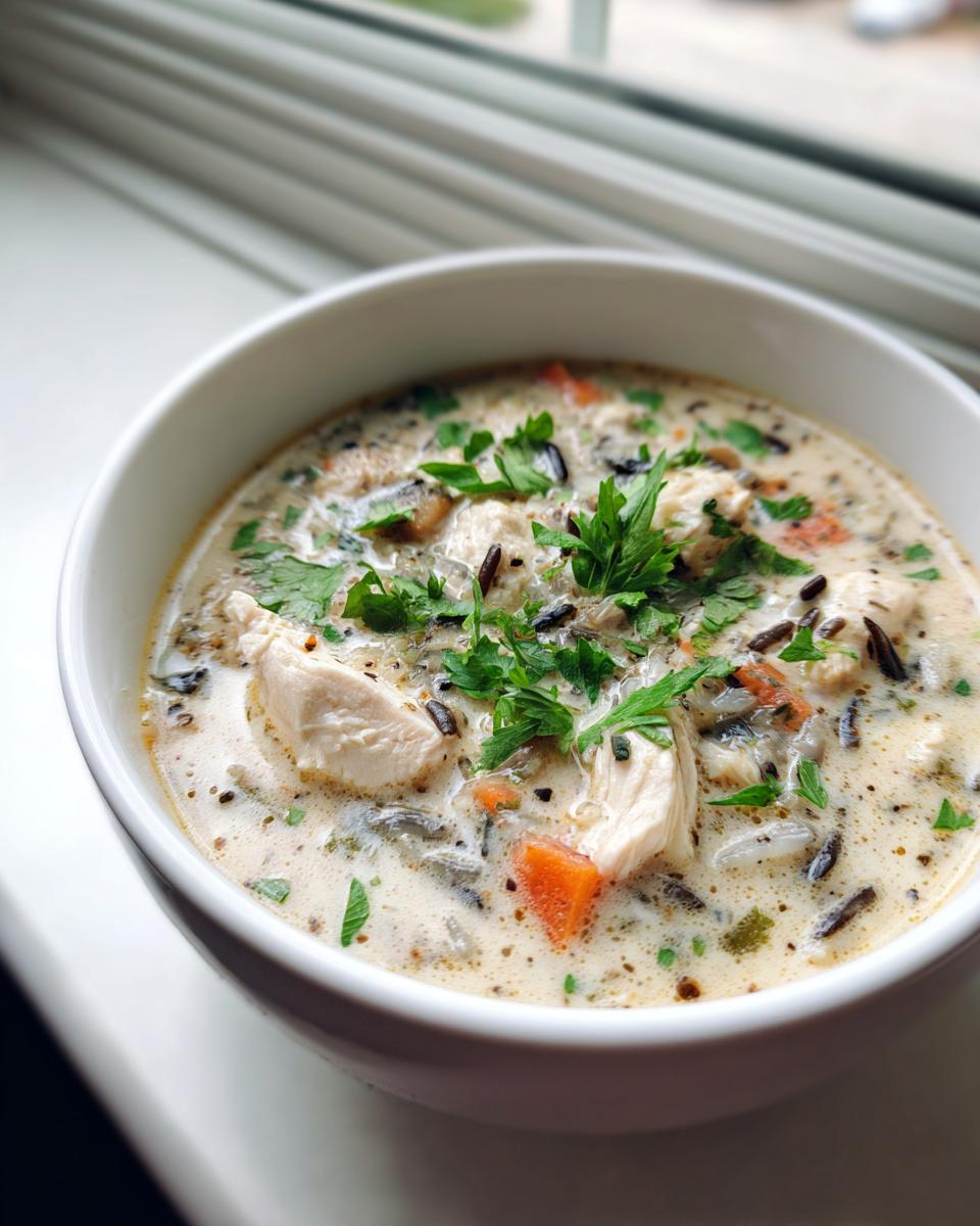 Close-up of creamy chicken wild rice soup topped with fresh parsley, featuring chunks of chicken and carrots.