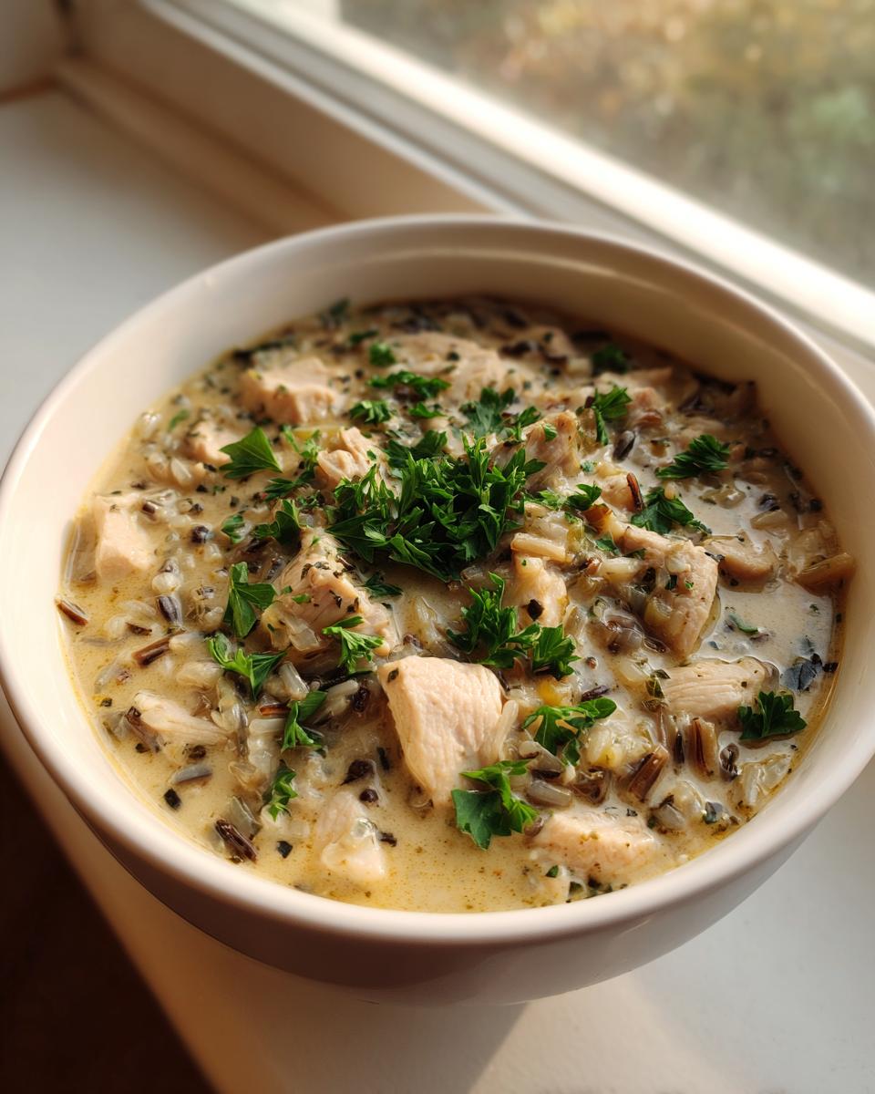 Close-up of creamy chicken wild rice soup topped with fresh parsley in a white bowl near a window.