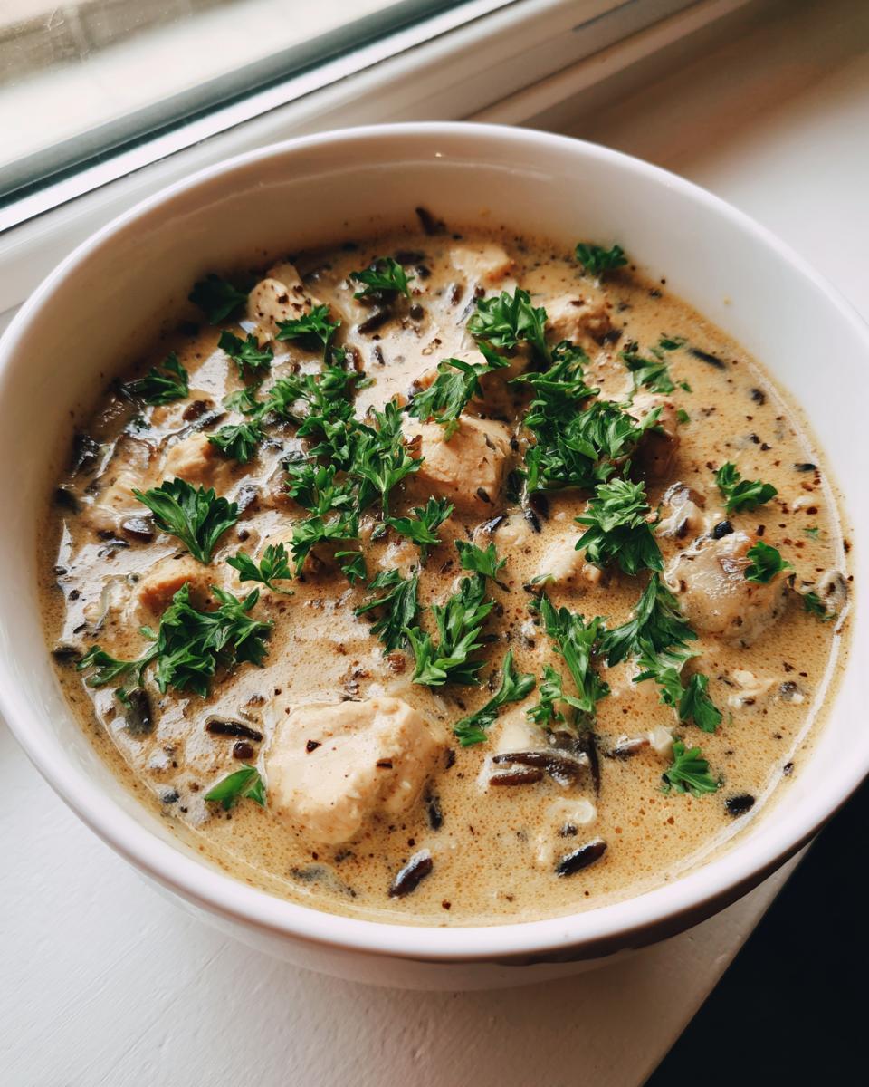 A close-up of creamy chicken wild rice soup topped with fresh parsley in a white bowl.