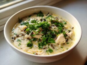 A close-up of a bowl of creamy chicken wild rice soup garnished generously with fresh chopped parsley.