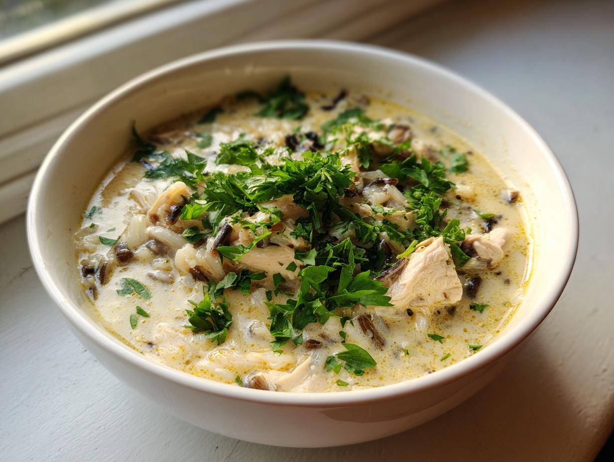 A close-up of a bowl of creamy chicken wild rice soup garnished generously with fresh chopped parsley.
