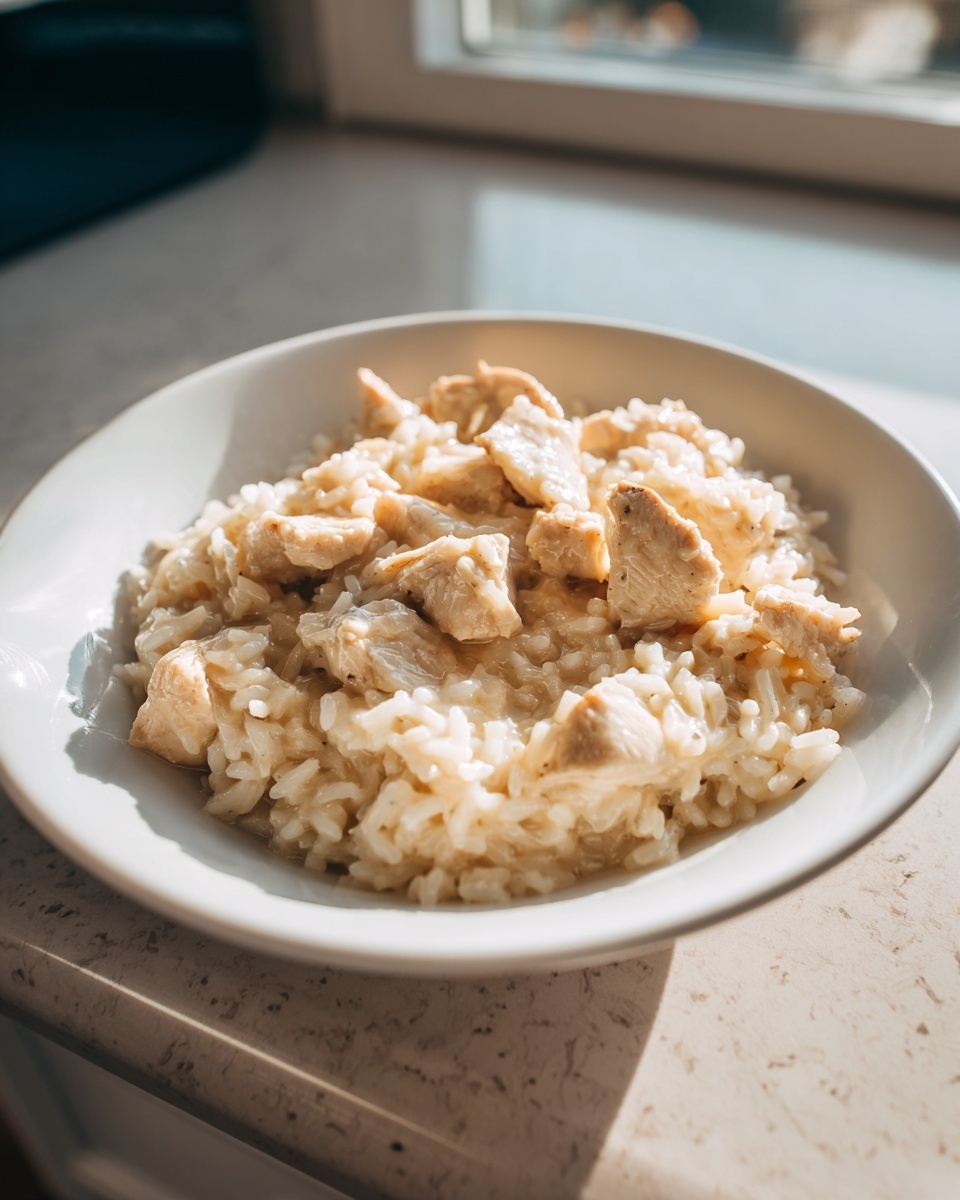A white bowl filled with creamy crockpot chicken and rice, served on a light countertop near a window.