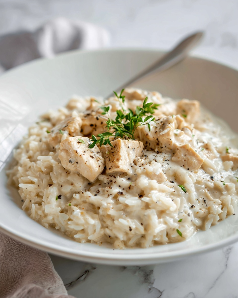 Close-up of creamy crockpot chicken and rice topped with diced chicken, black pepper, and fresh thyme.