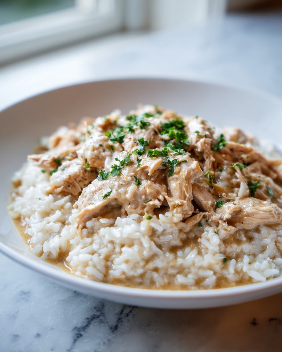 Close-up of creamy crockpot chicken and rice topped with fresh parsley in a white bowl.