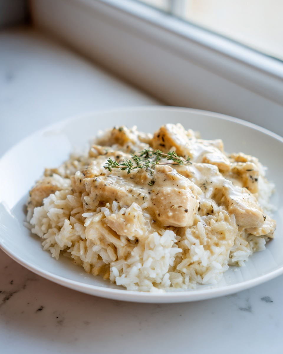A serving of creamy crockpot chicken and rice topped with fresh thyme on a white plate.