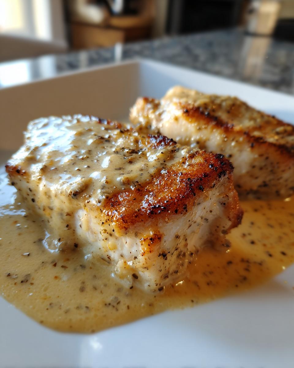 Two pieces of seared chicken breast smothered in a creamy dijon chicken sauce with visible black pepper.