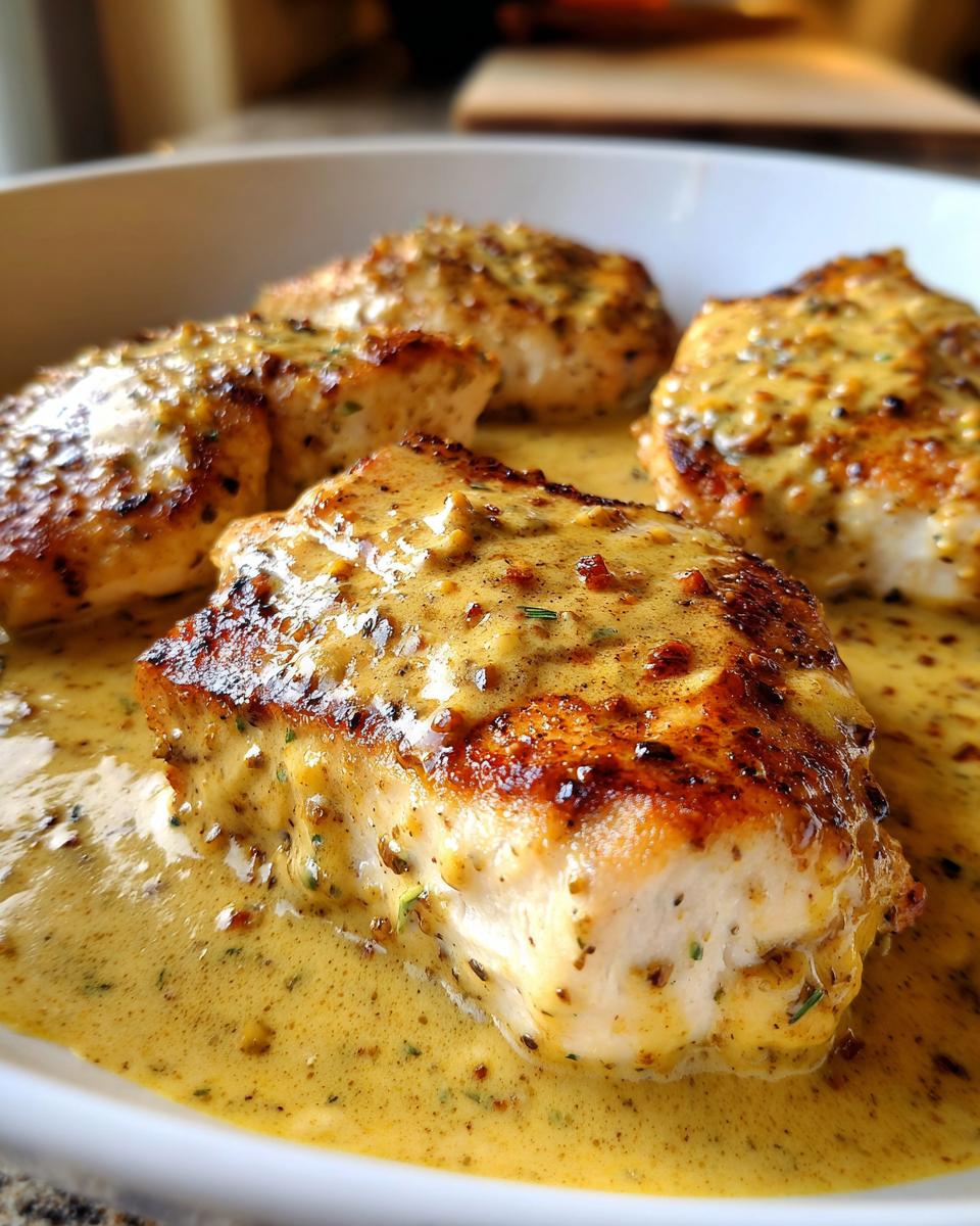 Four pieces of seared chicken breast generously coated in a rich, creamy dijon chicken sauce.