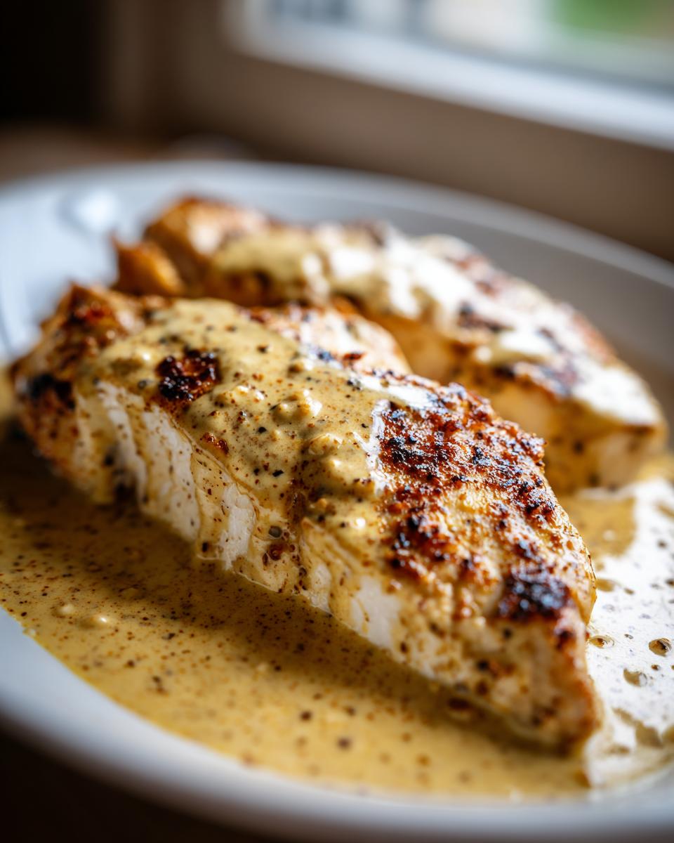 Close-up of seared chicken breast covered in a rich, speckled creamy dijon chicken sauce on a white plate.