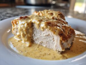 Close-up of a perfectly cooked piece of creamy dijon chicken, sliced to show the moist interior and rich sauce.