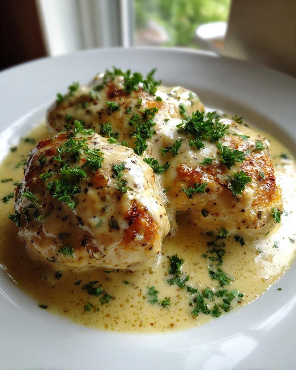 Three pieces of seared Dijon chicken breasts covered in a creamy sauce and topped with fresh parsley.