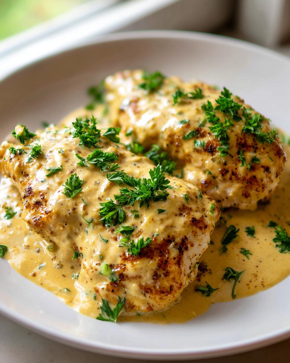 Two pan-seared chicken breasts smothered in a creamy Dijon sauce and topped with fresh parsley.