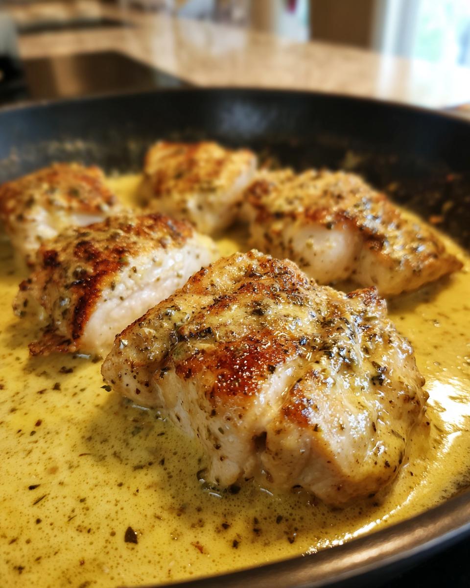 Close-up of seared chicken breasts simmering in a rich, creamy dijon sauce in a black skillet.
