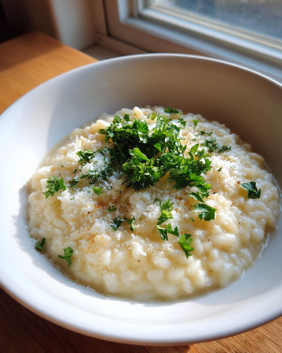A close-up of a creamy dish, possibly risotto or a thick soup, topped with grated cheese and fresh parsley, similar to italian cannellini bean and pastina soup.