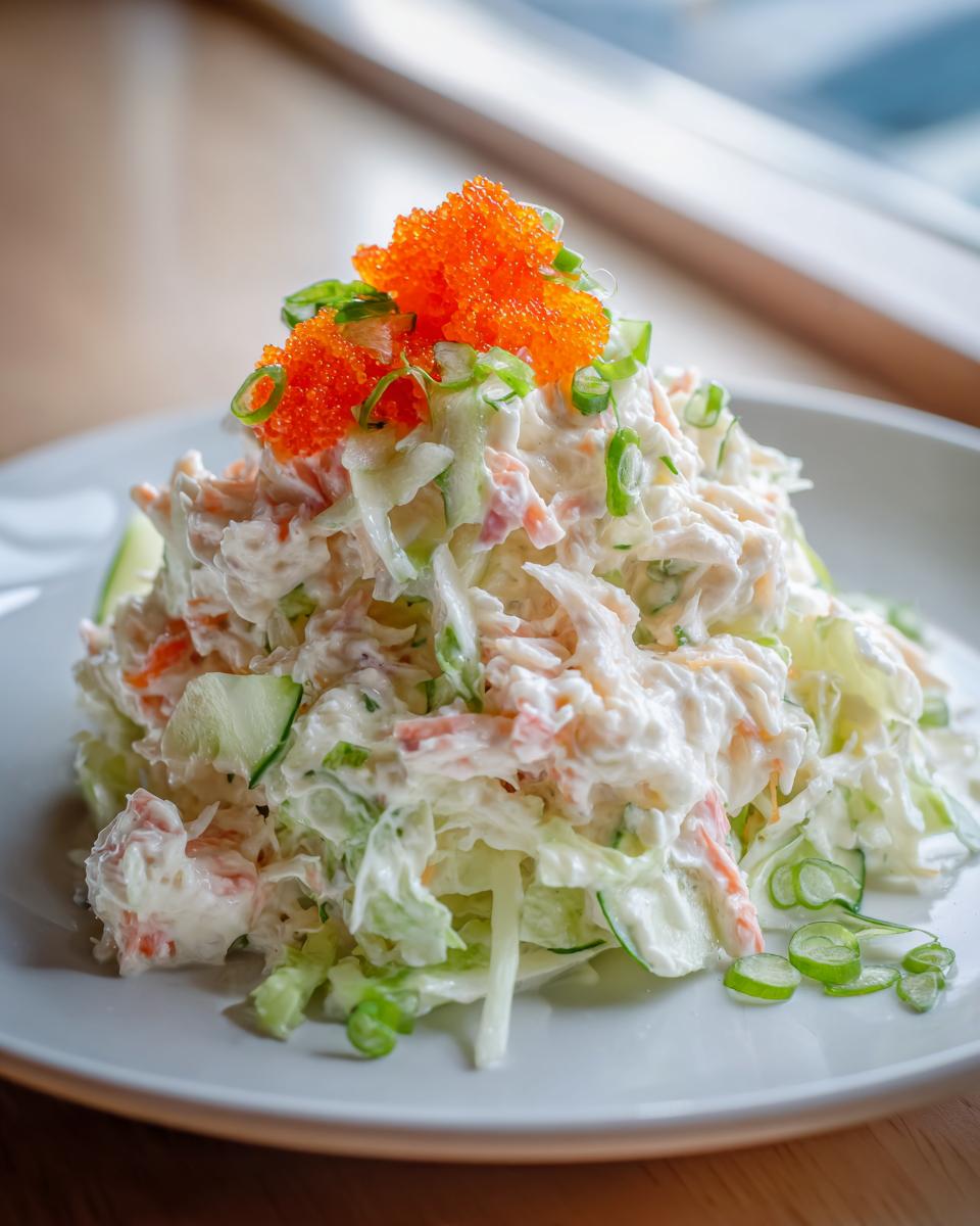 A mound of creamy japanese crab salad mixed with shredded vegetables, topped with bright orange tobiko.