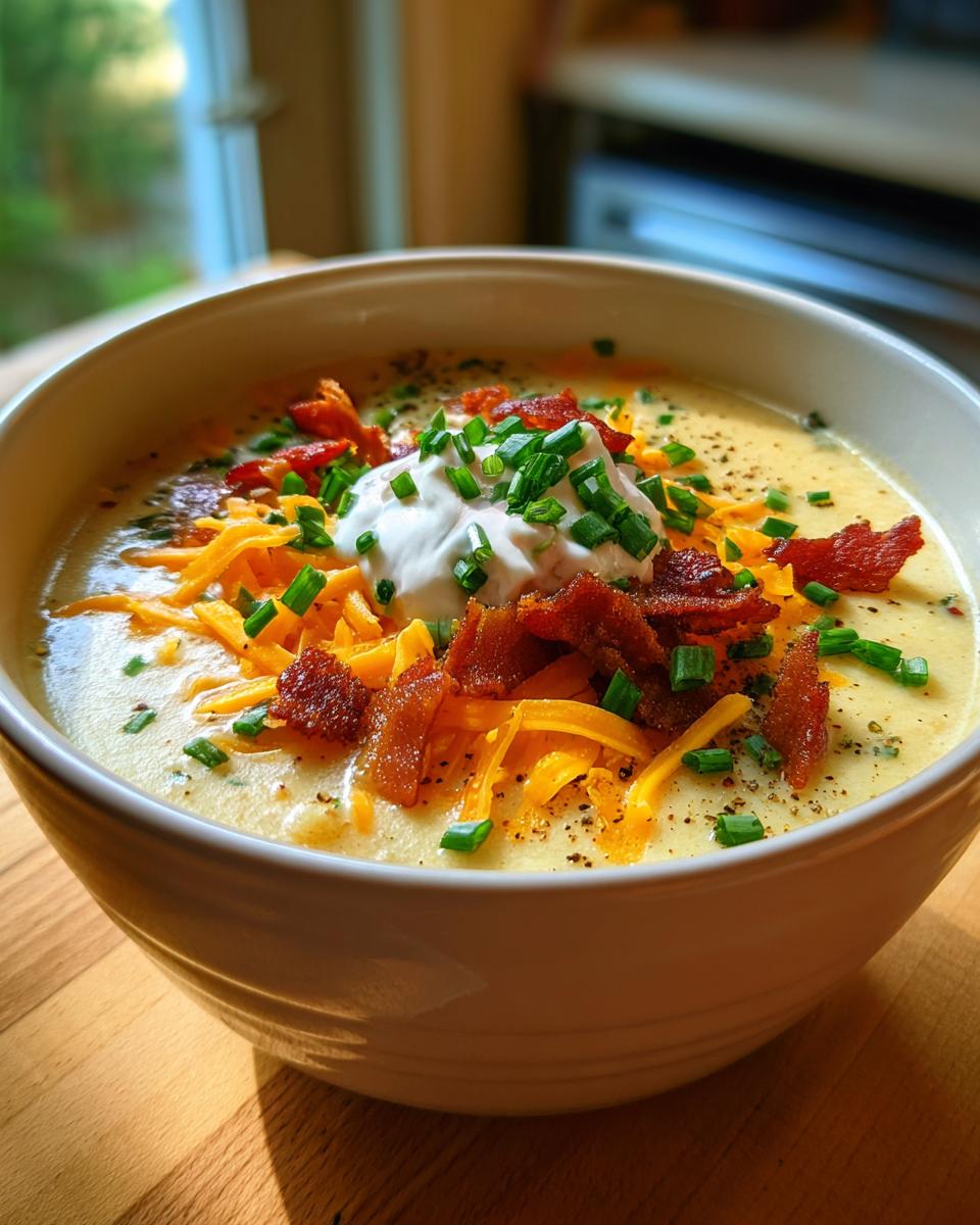 A close-up of creamy loaded baked potato soup topped with shredded cheddar, bacon bits, sour cream, and chives.