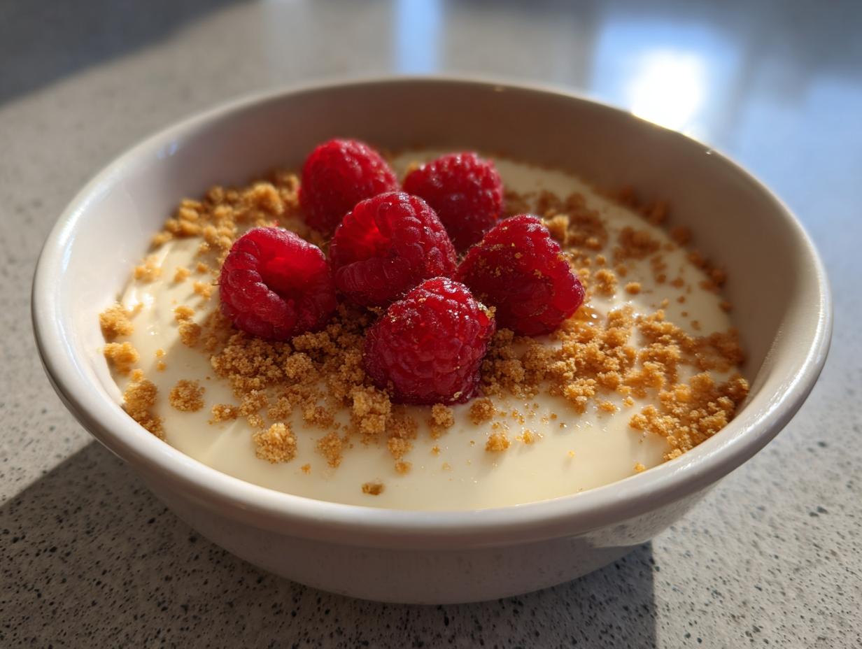 Close-up of a creamy protein cheesecake bowl topped with fresh raspberries and graham cracker crumbs.