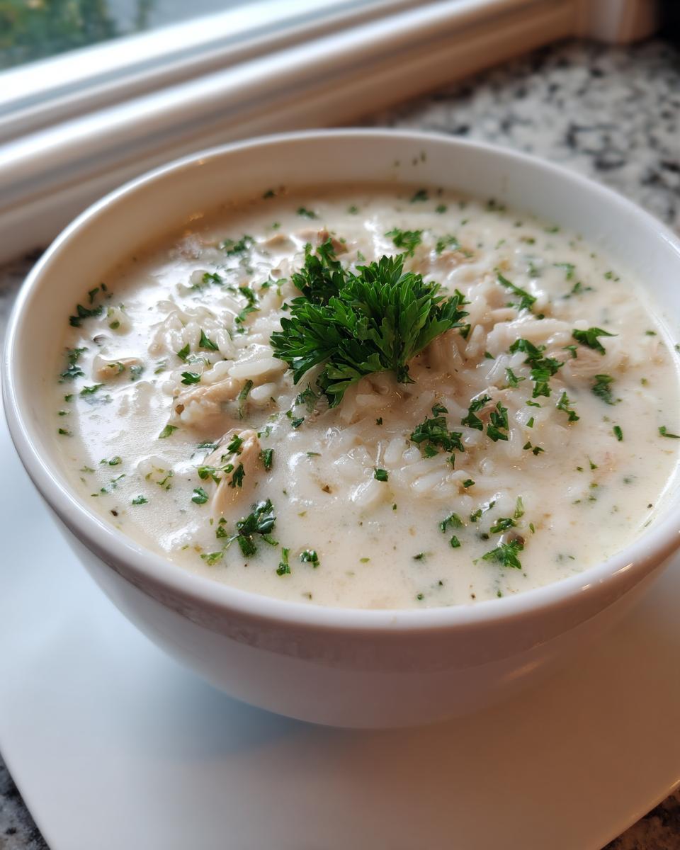 A close-up of a creamy, white rice soup in a white bowl, garnished with fresh parsley.