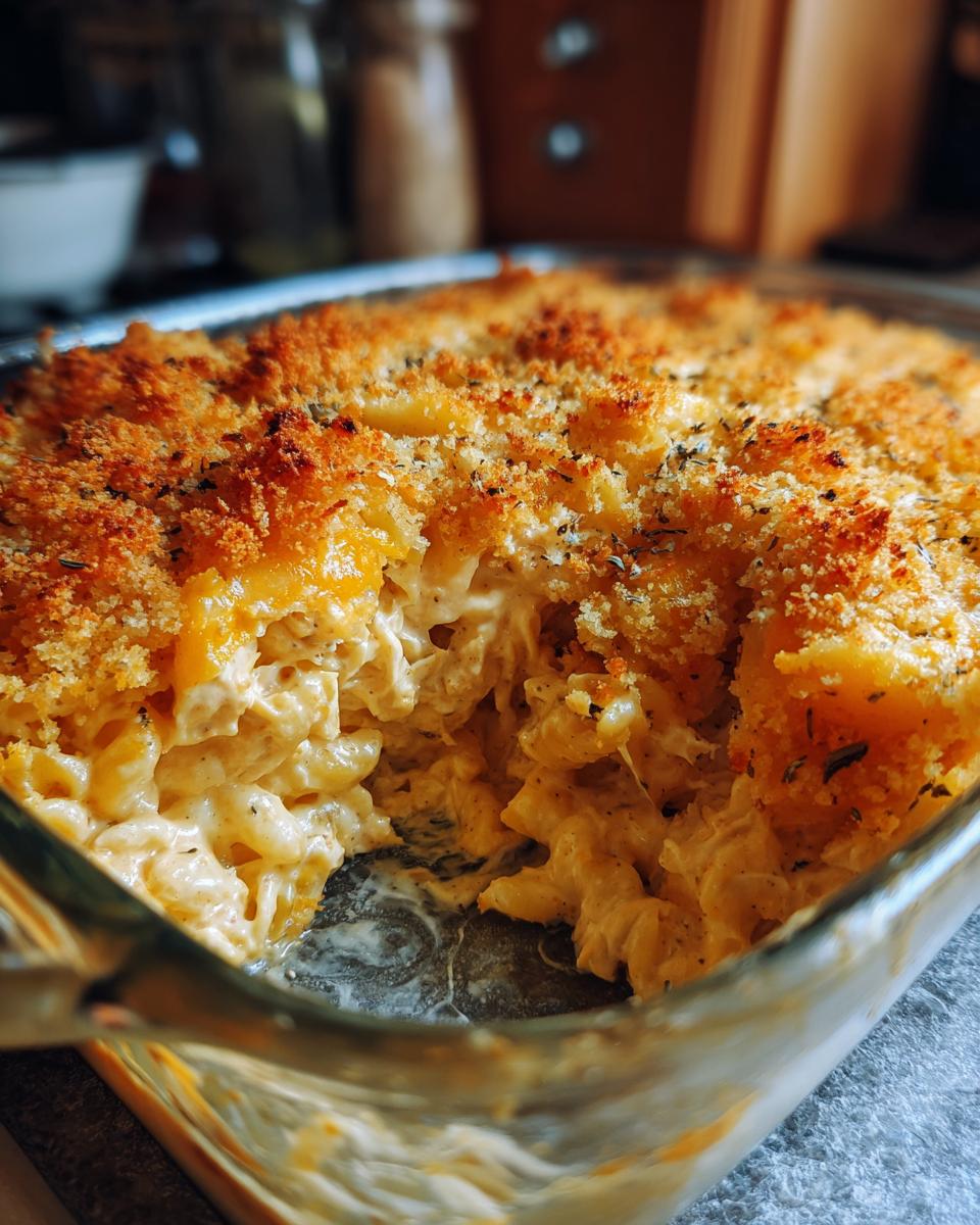 Close-up of creamy tuna noodle casserole in a glass dish with a golden, crunchy breadcrumb topping.