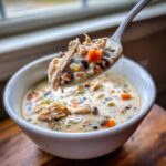 A spoonful of creamy turkey wild rice soup, showing shredded turkey, wild rice, and carrots, lifted from a white bowl.