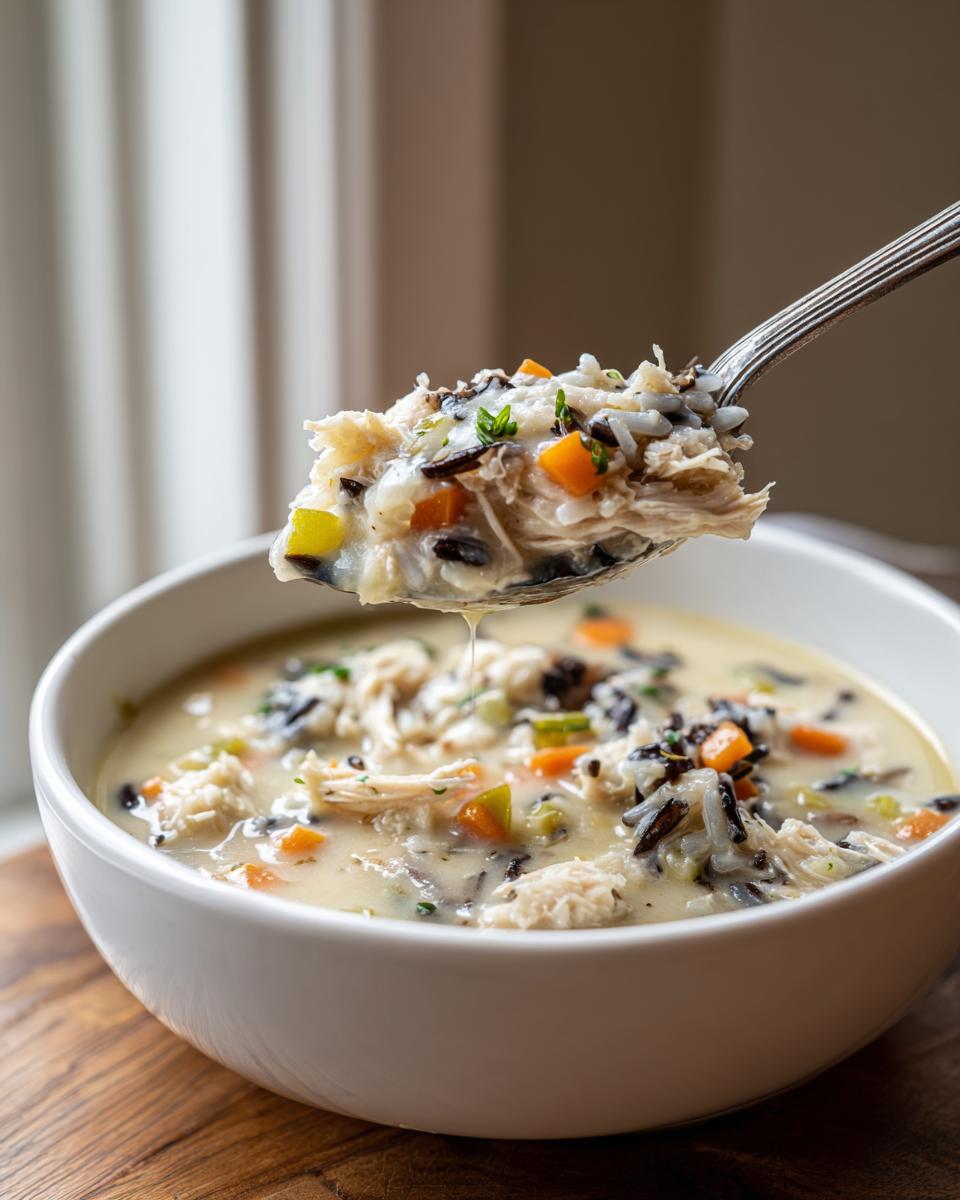 A spoonful of creamy turkey wild rice soup, showing shredded turkey, wild rice, and diced carrots being lifted from a white bowl.