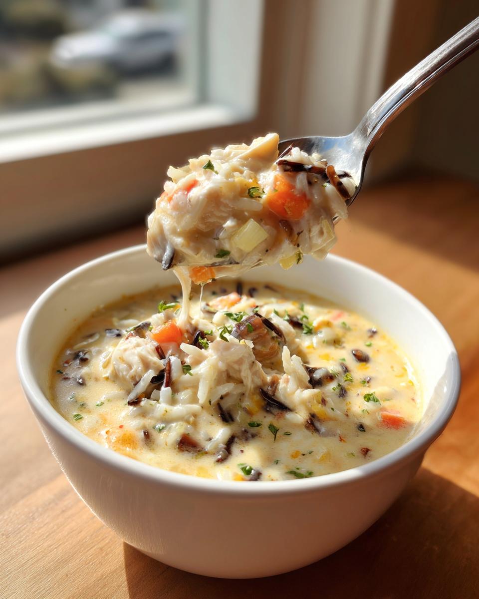A spoonful of creamy turkey wild rice soup, rich with shredded turkey and wild rice, being lifted from a white bowl.