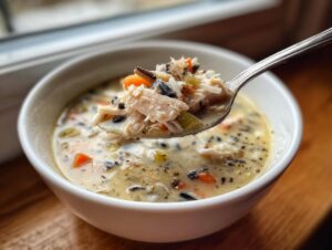 A spoonful of creamy turkey wild rice soup, showing shredded turkey, wild rice, and diced carrots.