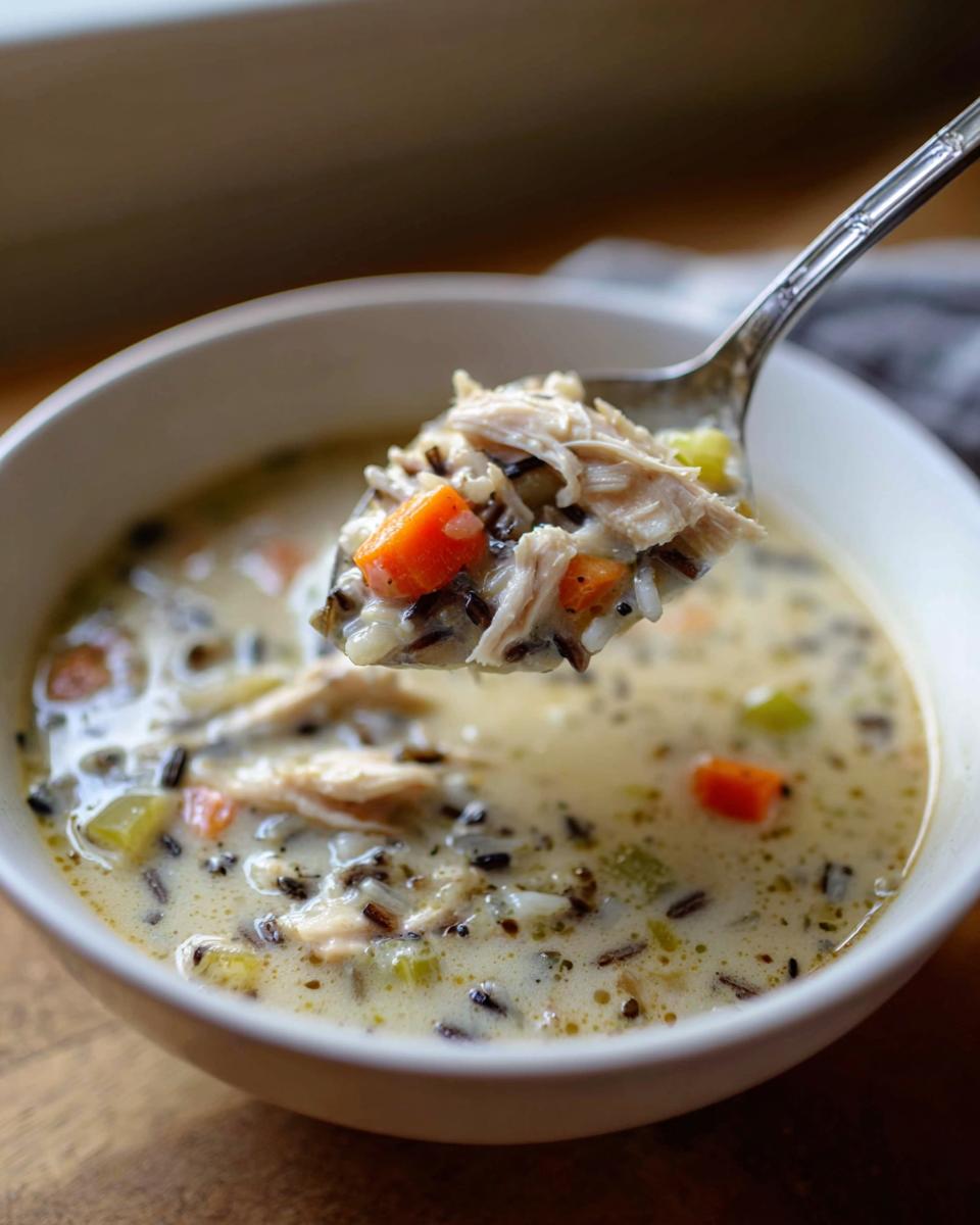 A spoonful of creamy turkey wild rice soup, showing shredded turkey, wild rice, and diced carrots being lifted from a white bowl.