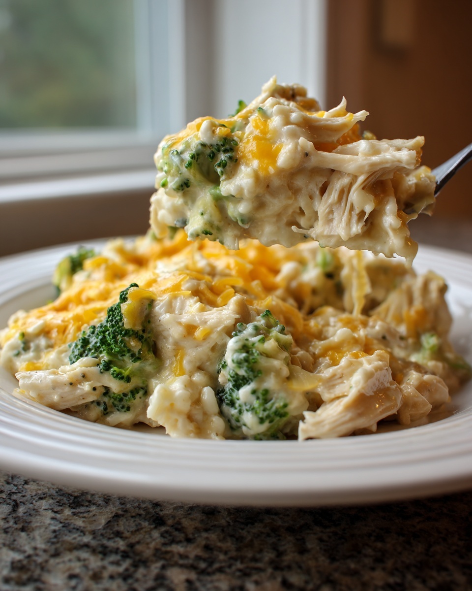 A spoonful of creamy crockpot chicken and rice broccoli topped with melted cheddar cheese being lifted from the main dish.