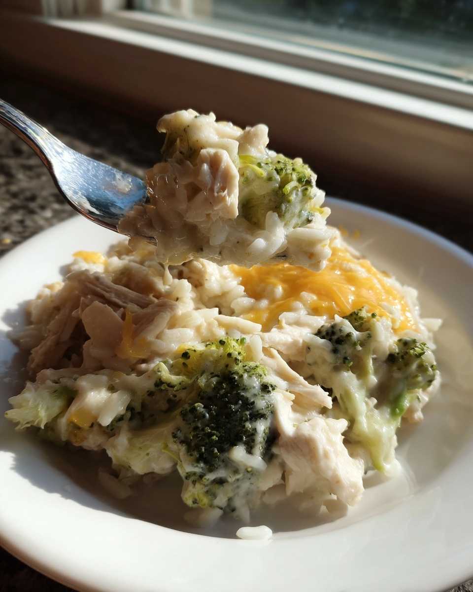 A fork lifting a bite of creamy crockpot chicken and rice broccoli topped with melted cheddar cheese.