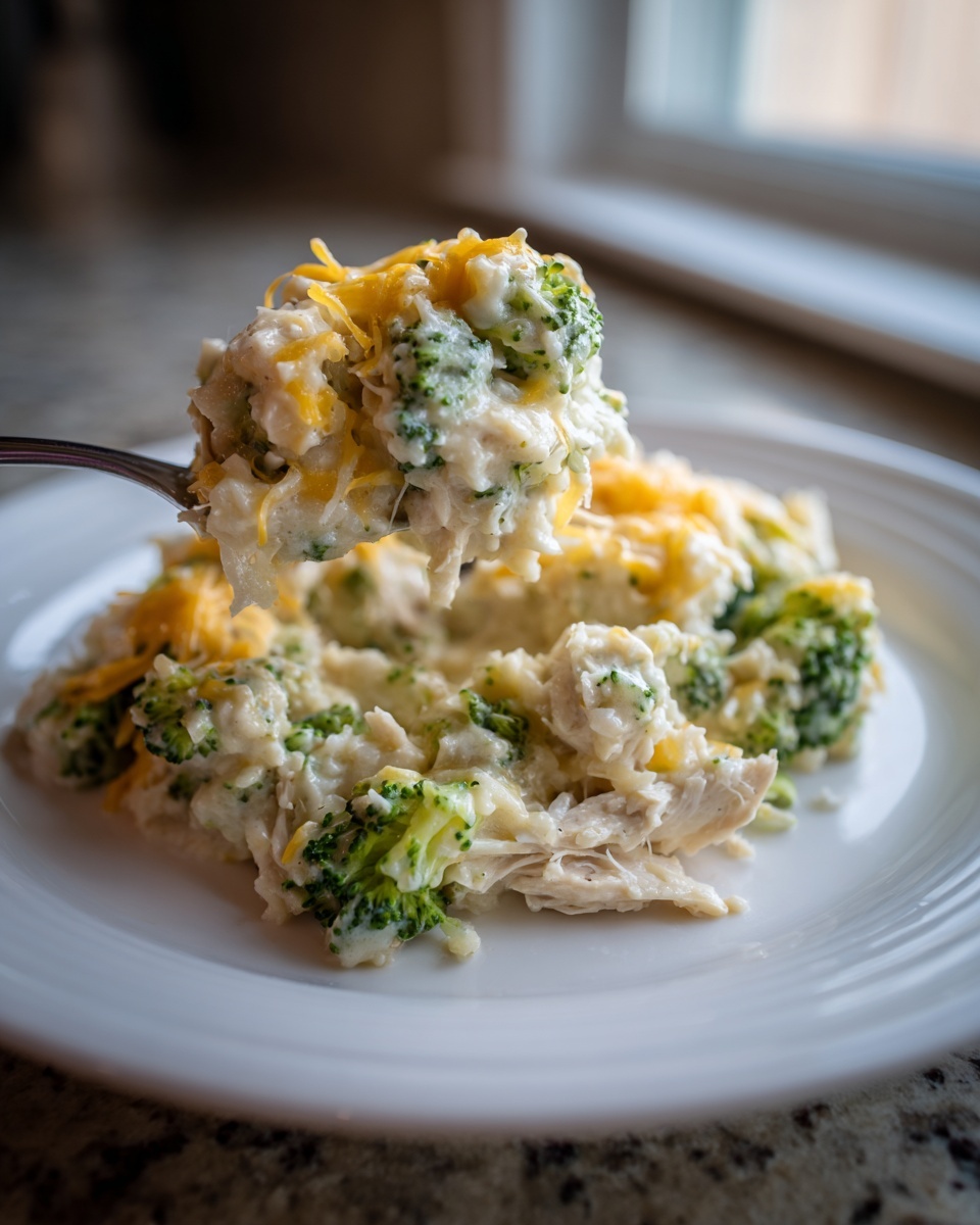 A spoonful of creamy crockpot chicken and rice broccoli topped with melted cheddar cheese.