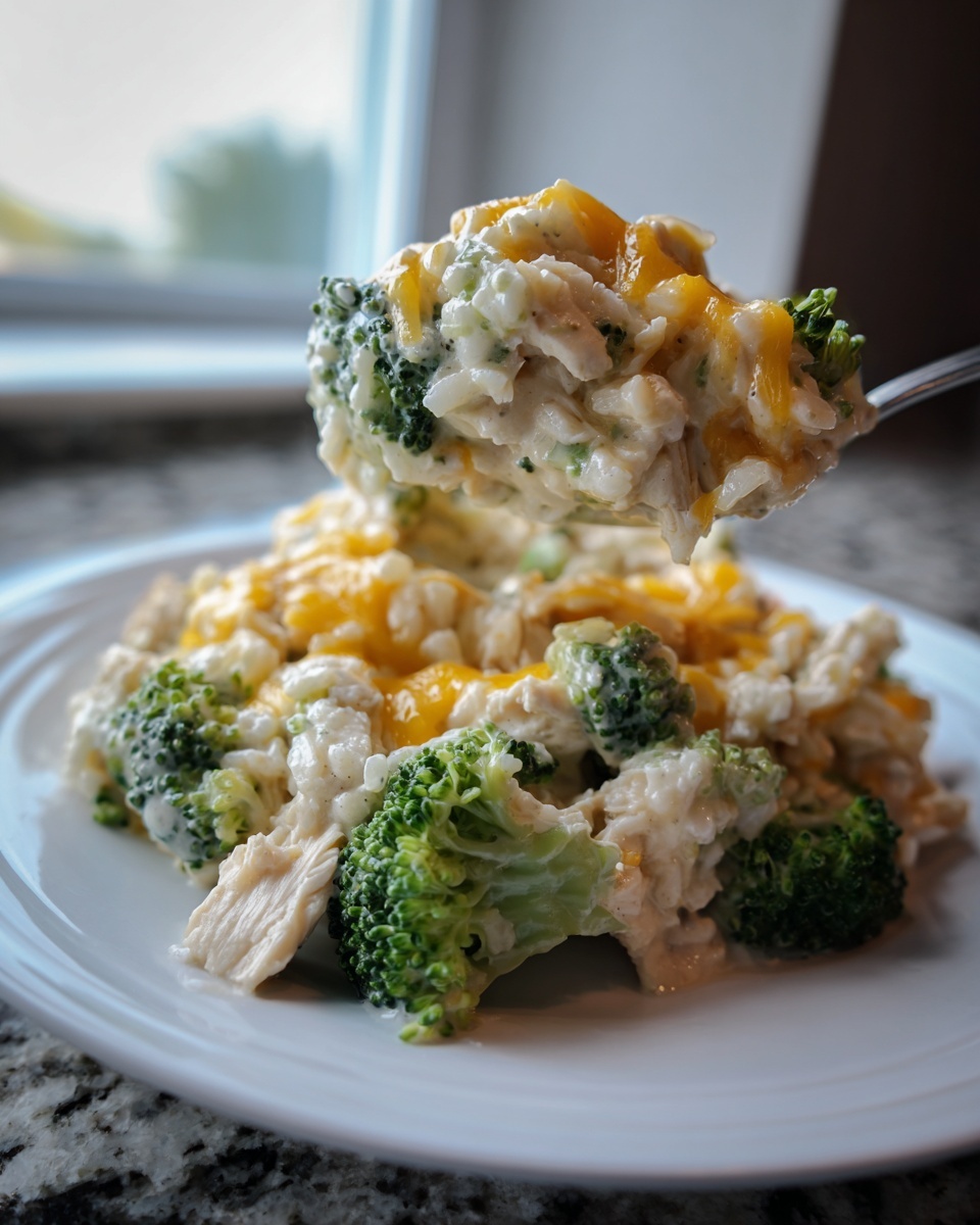 A spoonful of creamy crockpot chicken and rice broccoli topped with melted cheddar cheese being lifted from a plate.