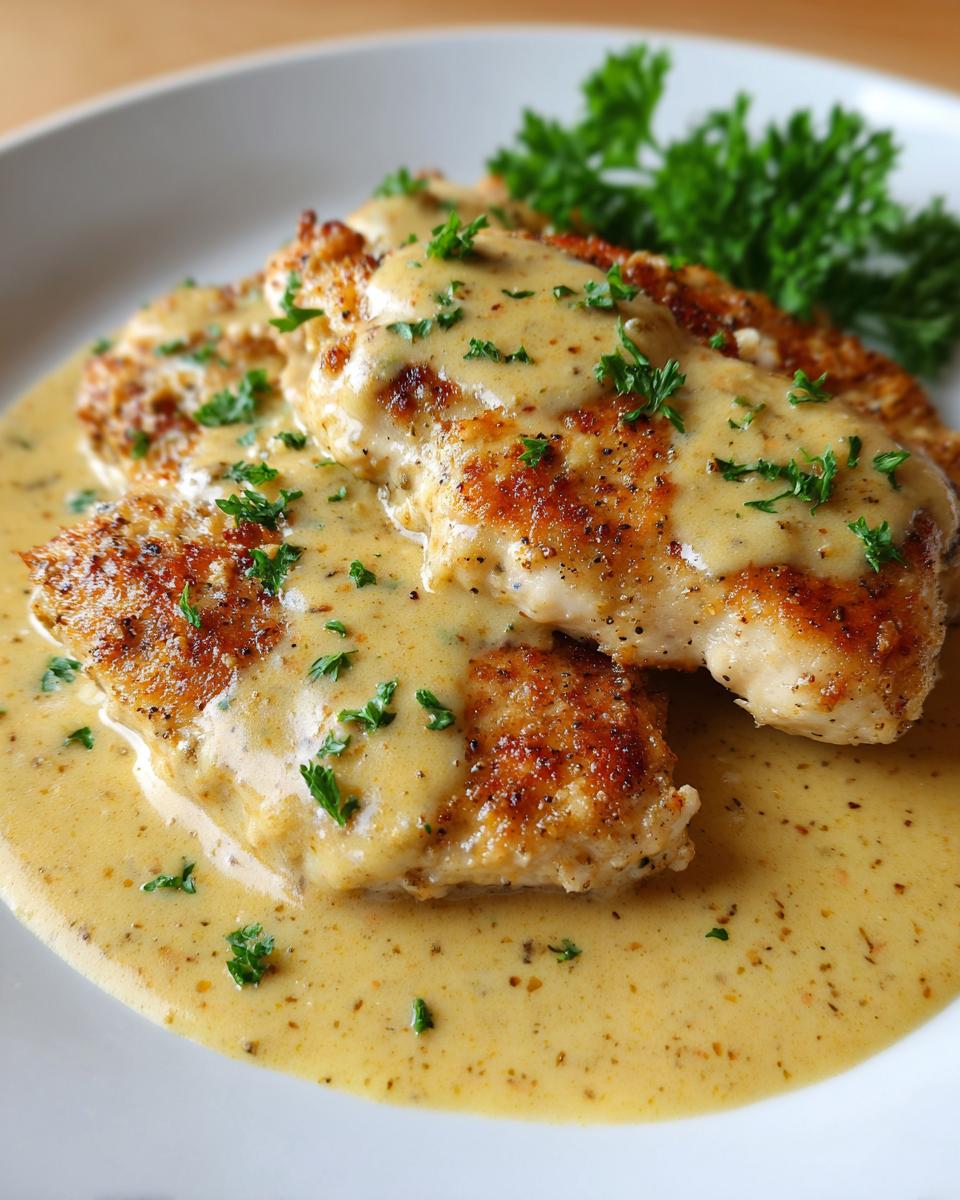 Two golden-brown chicken cutlets covered in a creamy Dijon chicken sauce and sprinkled with parsley.