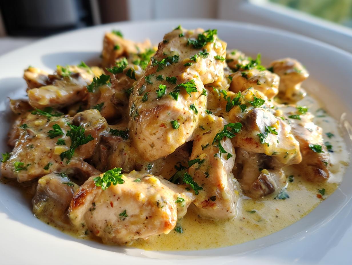 Close-up of bite-sized pieces of Dijon chicken coated in a creamy, yellow sauce and garnished with fresh parsley.
